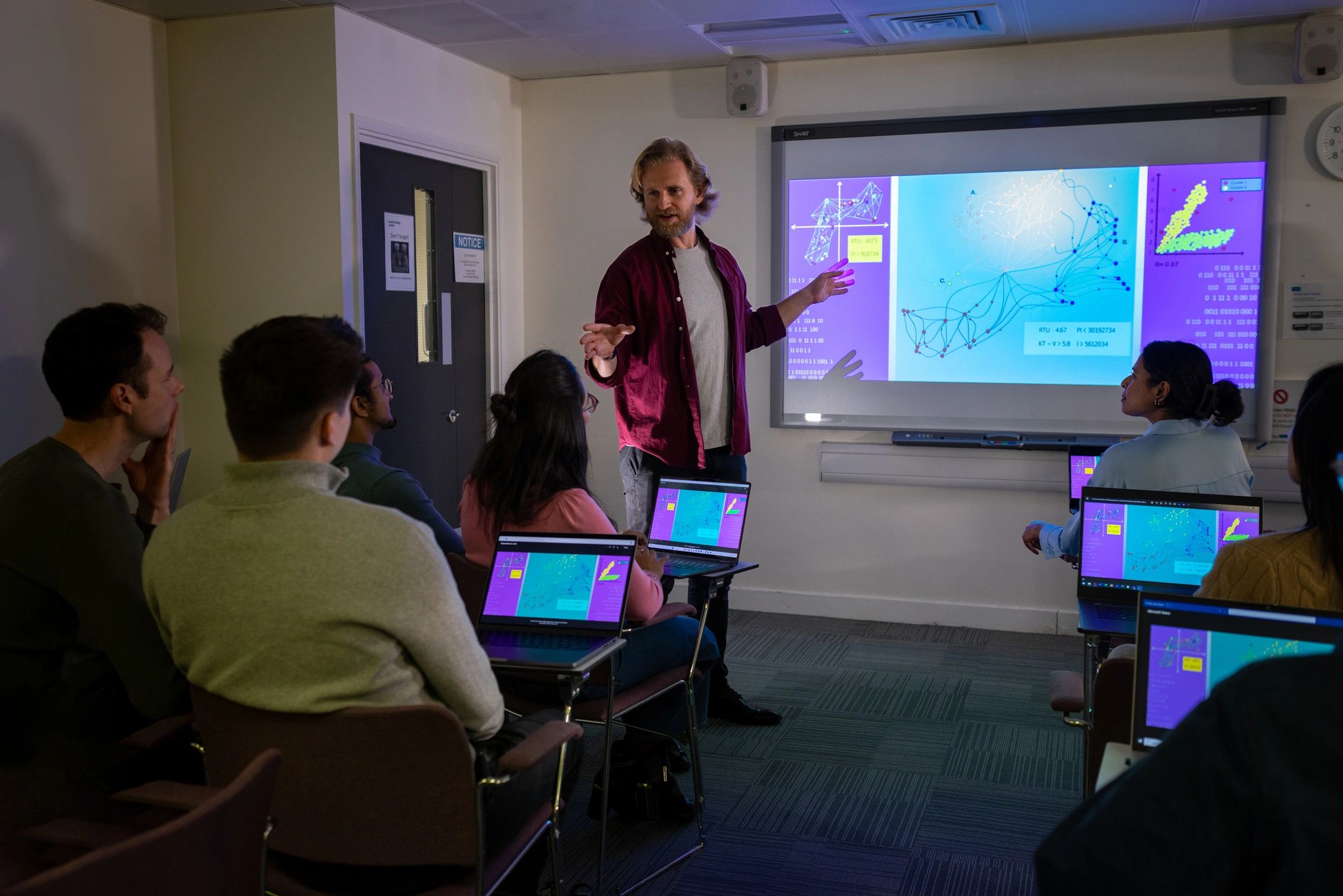 Classroom seminar with data presentation, representing research-informed learning